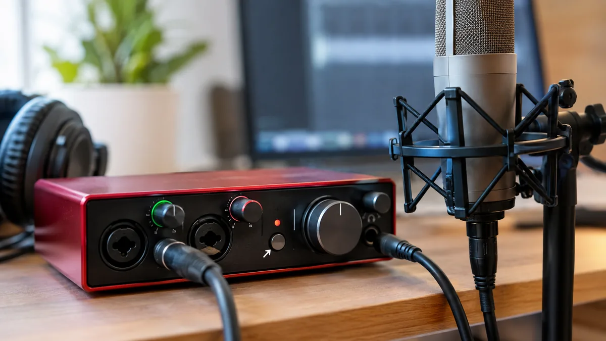 Carte son home studio avec bouton d'alimentation fantôme 48V et micro branché