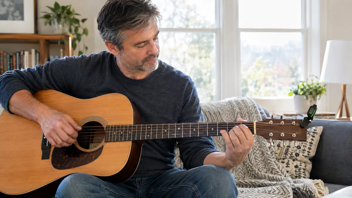 Adulte de 50 ans jouant un accord ouvert sur guitare folk à la maison