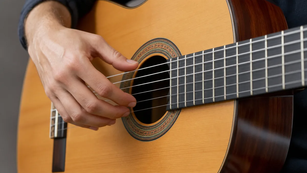 Main droite en position d'arpège sur guitare classique à cordes nylon
