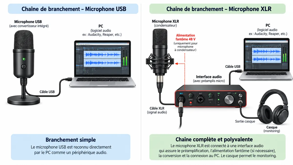 Schéma de branchement microphone USB et XLR sur PC