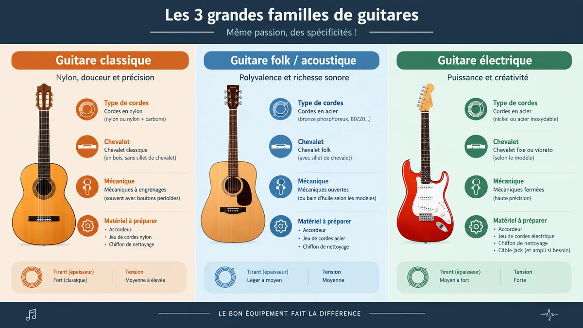 Comparatif des cordes et montages de trois guitares