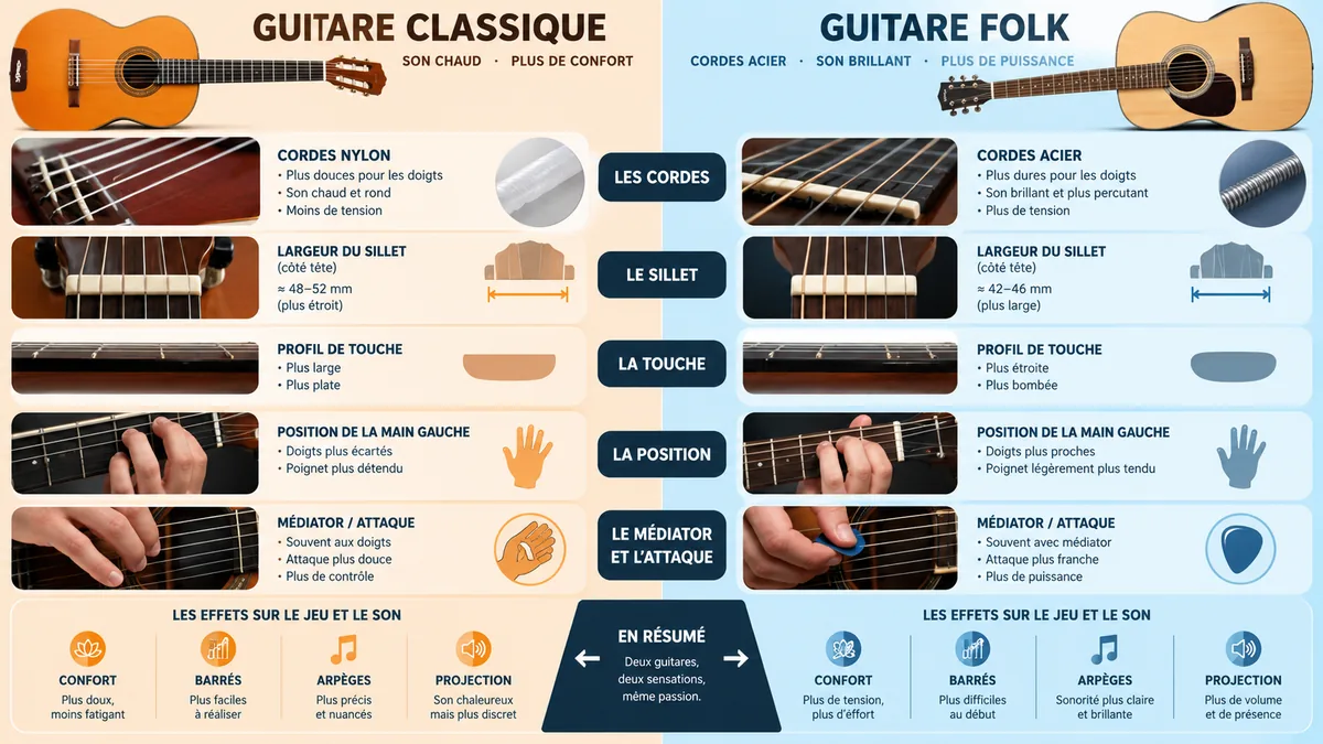 Comparatif visuel des cordes et manches classique et folk