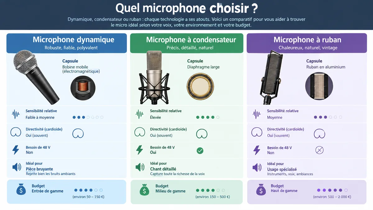 Comparatif visuel des familles de microphones pour voix