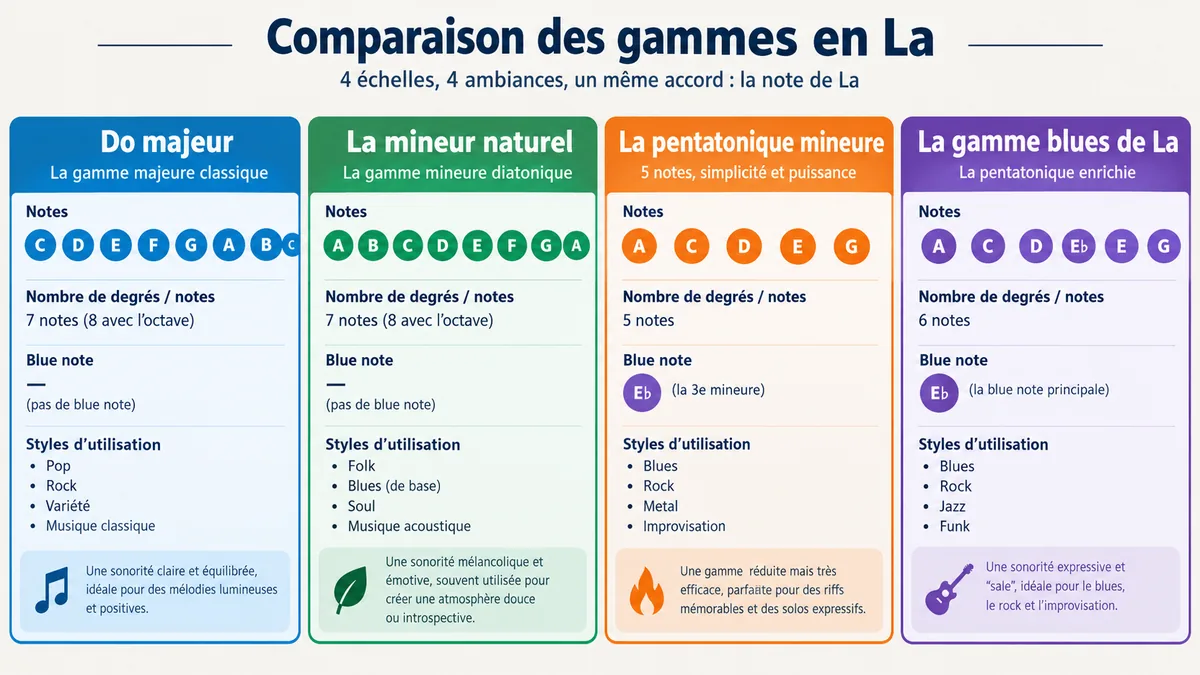 Comparatif des gammes majeure mineure pentatonique et blues