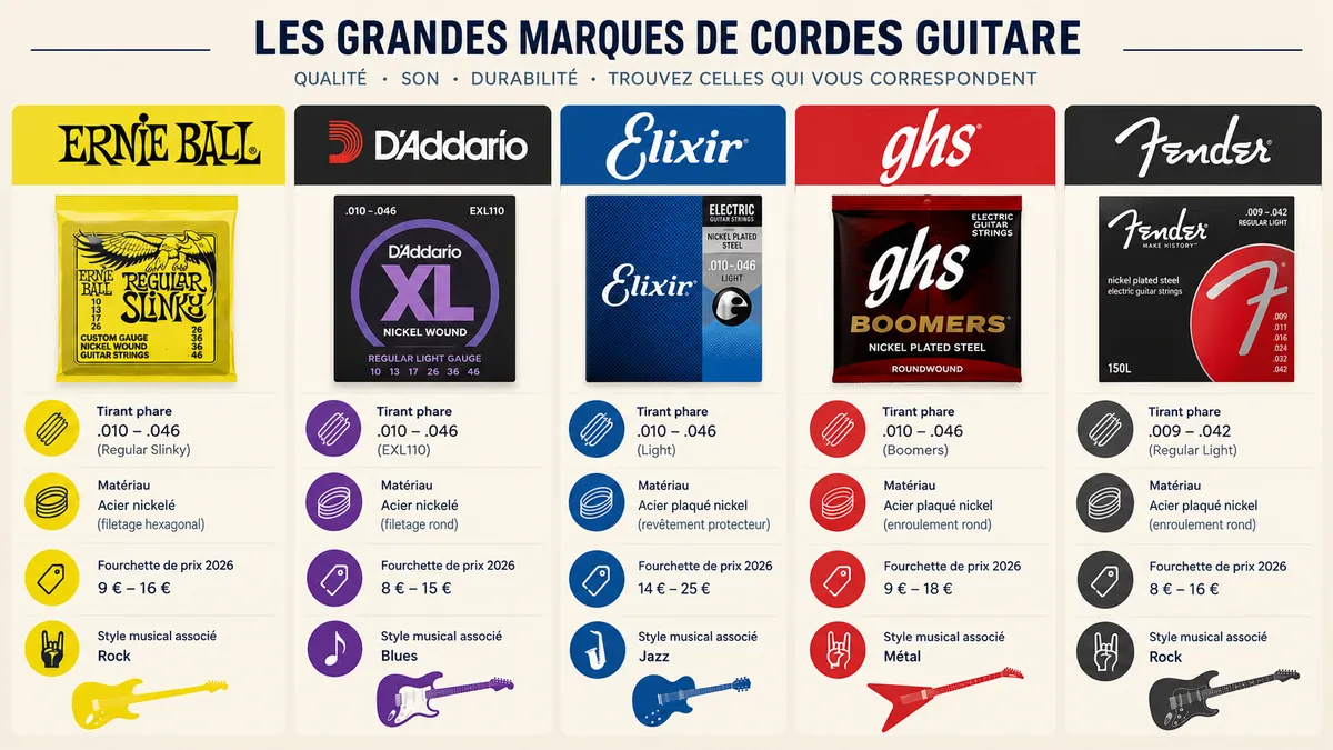 Comparatif visuel des marques de cordes pour guitare électrique