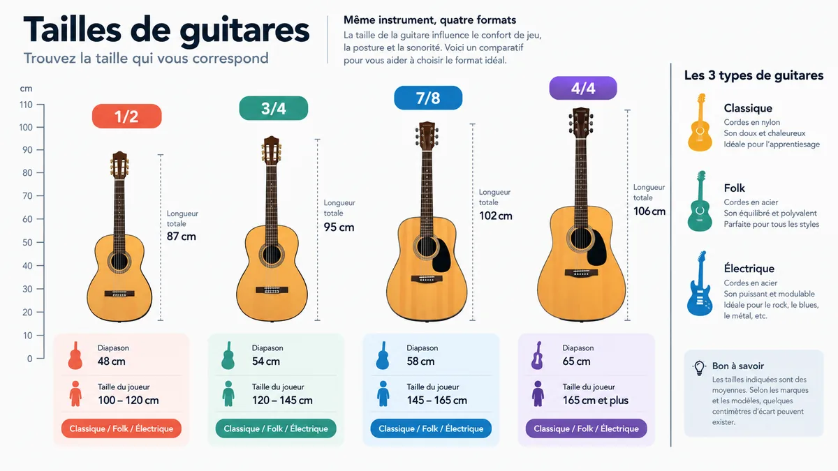 Comparatif des tailles de guitares 1/2, 3/4, 7/8 et 4/4