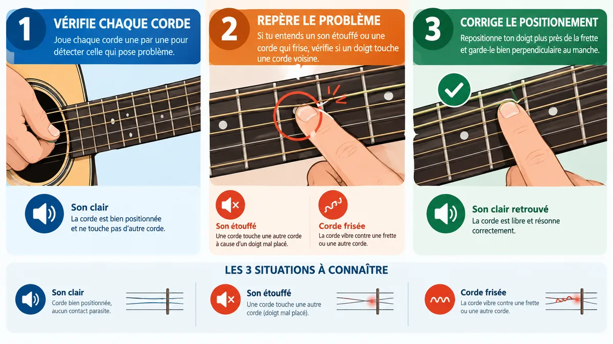 Contrôle corde par corde d'un accord Fa mineur guitare
