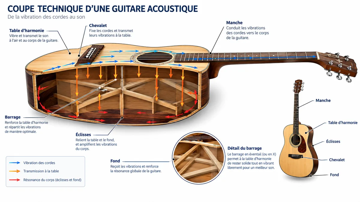 Coupe annotée de la caisse d'une guitare acoustique