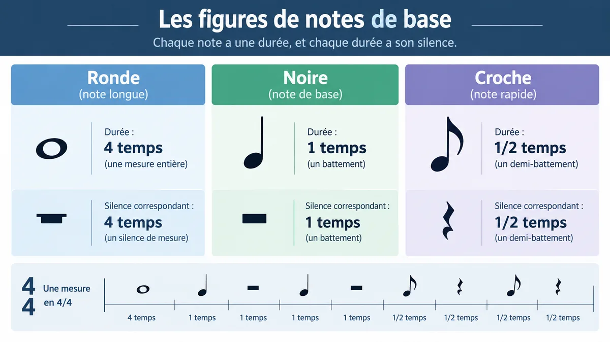 Figures de notes et de silence en solfège avec leur durée