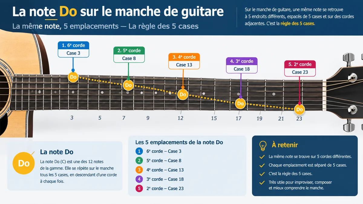 Infographie des emplacements multiples d'une même note sur le manche