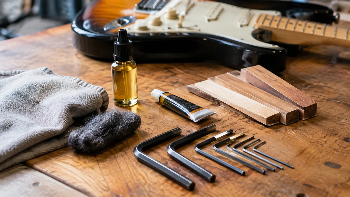 Kit de réparation guitare avec clés Allen, cale-frettes et colle de lutherie