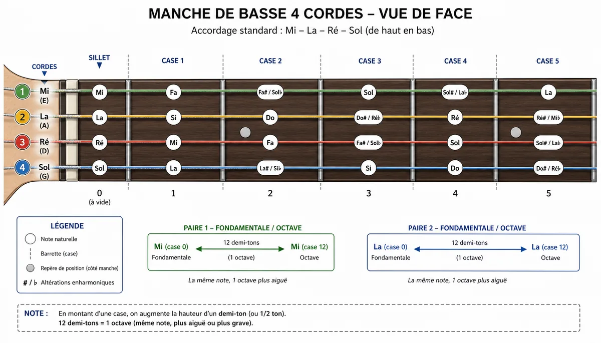 Manche de basse quatre cordes avec notes et octaves