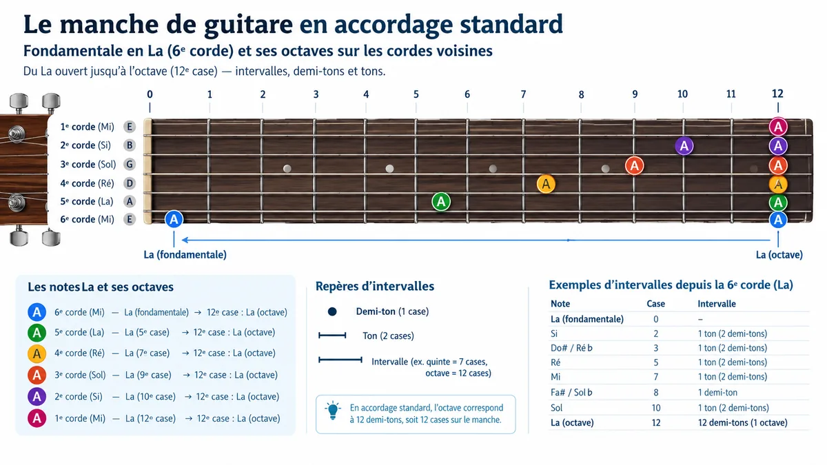 Manche de guitare avec fondamentales, octaves et intervalles