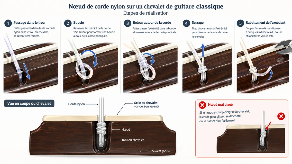 Étapes annotées du nœud de corde nylon au chevalet