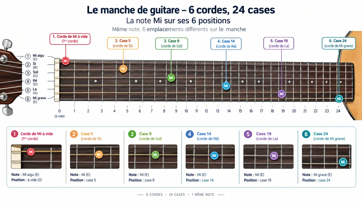 Les 6 positions de la note Mi sur le manche de la guitare
