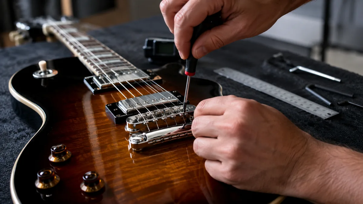 Réglage de l'intonation d'un pontet de chevalet sur une guitare électrique avec un tournevis