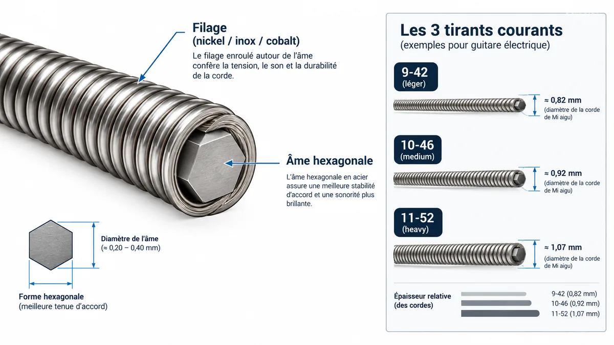 Schéma coupe d'une corde de guitare électrique avec âme et filage