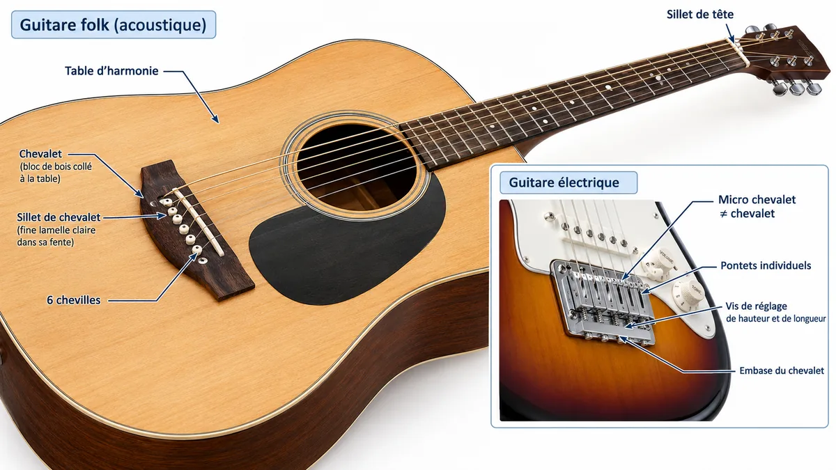 Schéma annoté du chevalet, du sillet de chevalet et des pontets sur guitare folk et électrique
