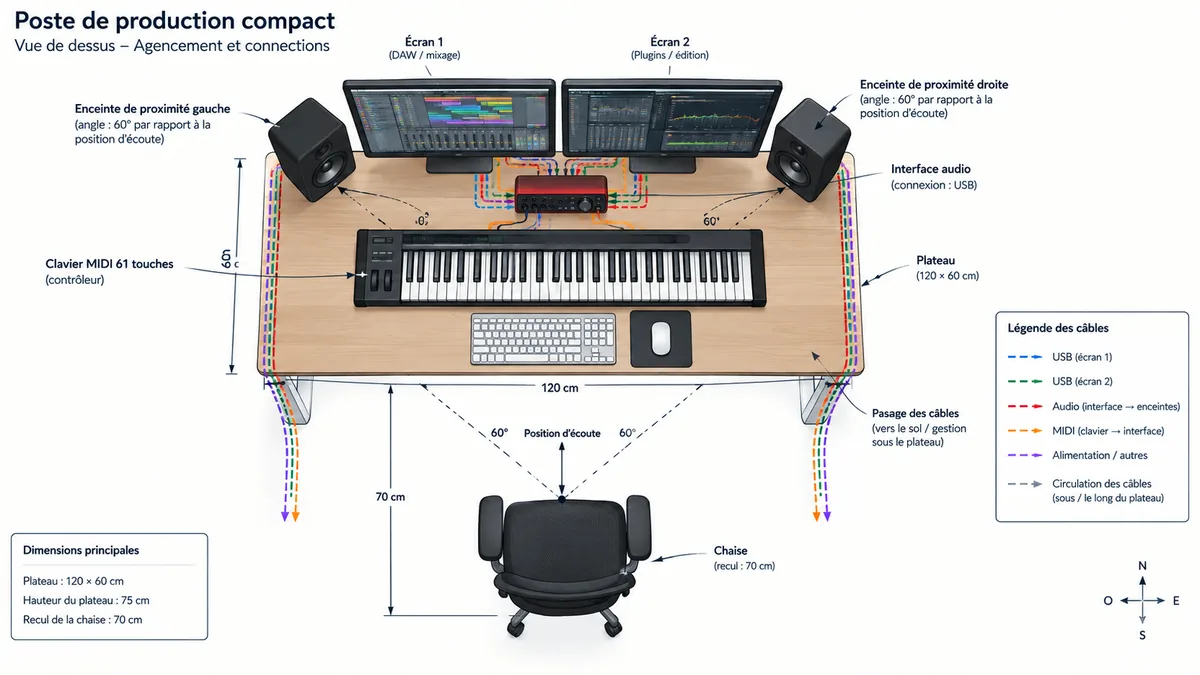 Schéma des dimensions d'un bureau de home studio compact
