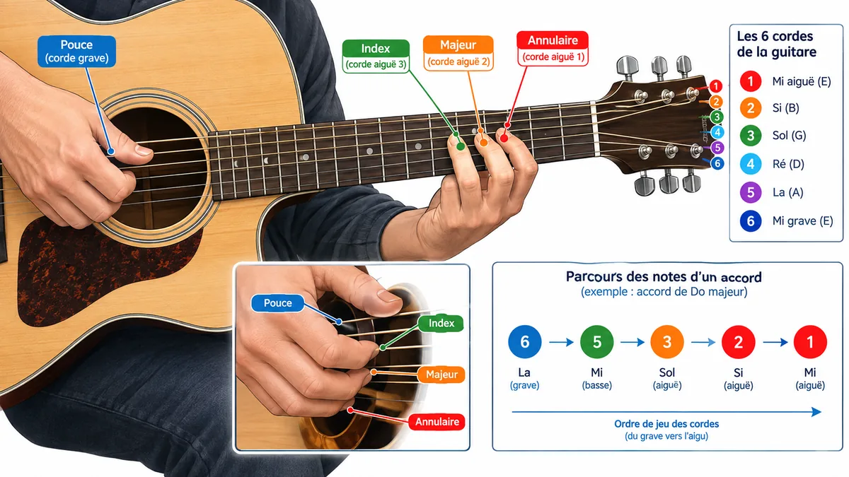 Schéma PIMA des doigts sur les cordes de guitare
