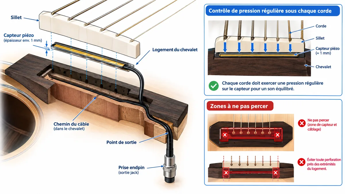 Schéma annoté de pose d'un piezo sous sillet
