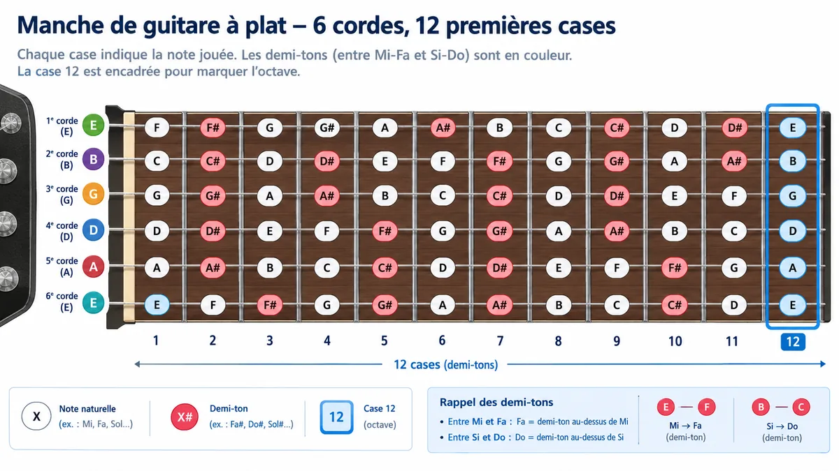 Schéma complet des notes de guitare sur le manche jusqu'à la case 12