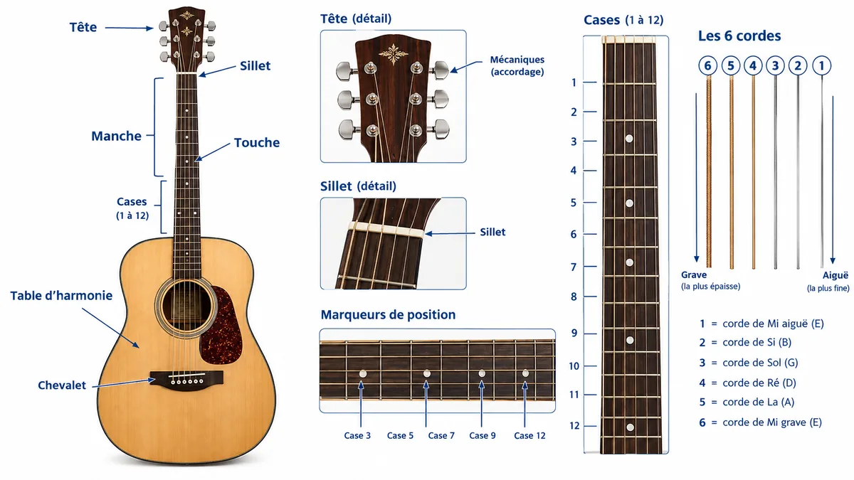 Schéma annoté des parties de la guitare et du manche