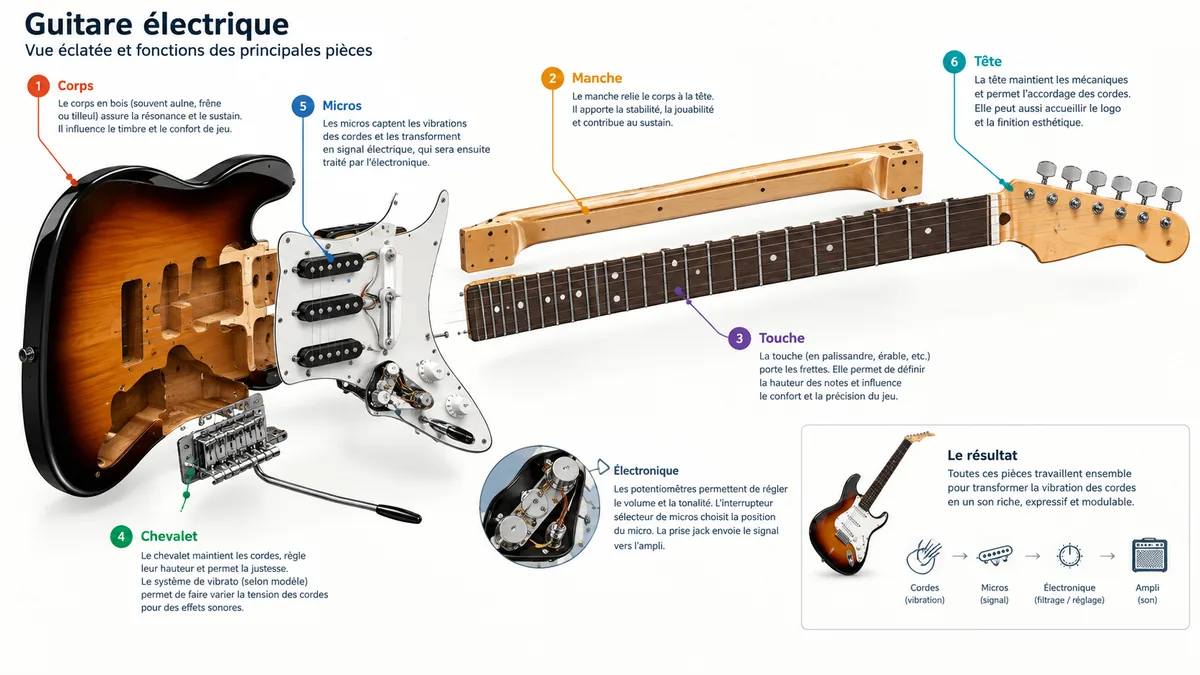 Schéma annoté des pièces en bois d'une guitare électrique