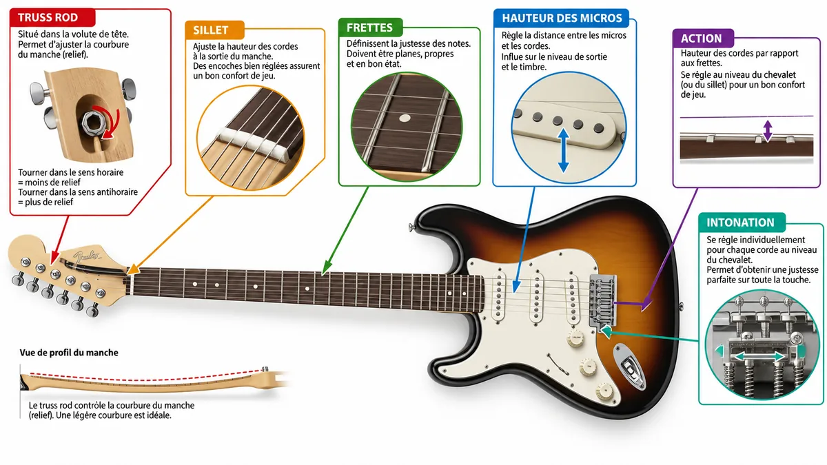 Schéma des points de réglage d'une guitare électrique pour la réparation