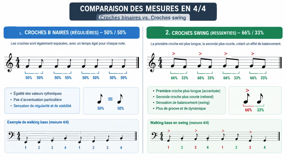 Comparaison visuelle entre rythme swing et rythme binaire