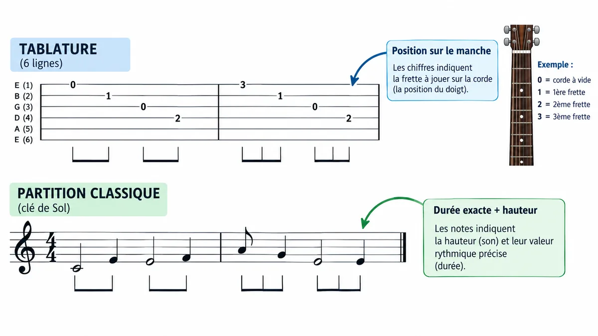 Comparaison visuelle entre tablature guitare et partition en clé de Sol