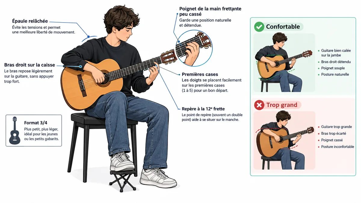 Position assise pour tester le confort d'une guitare 3/4
