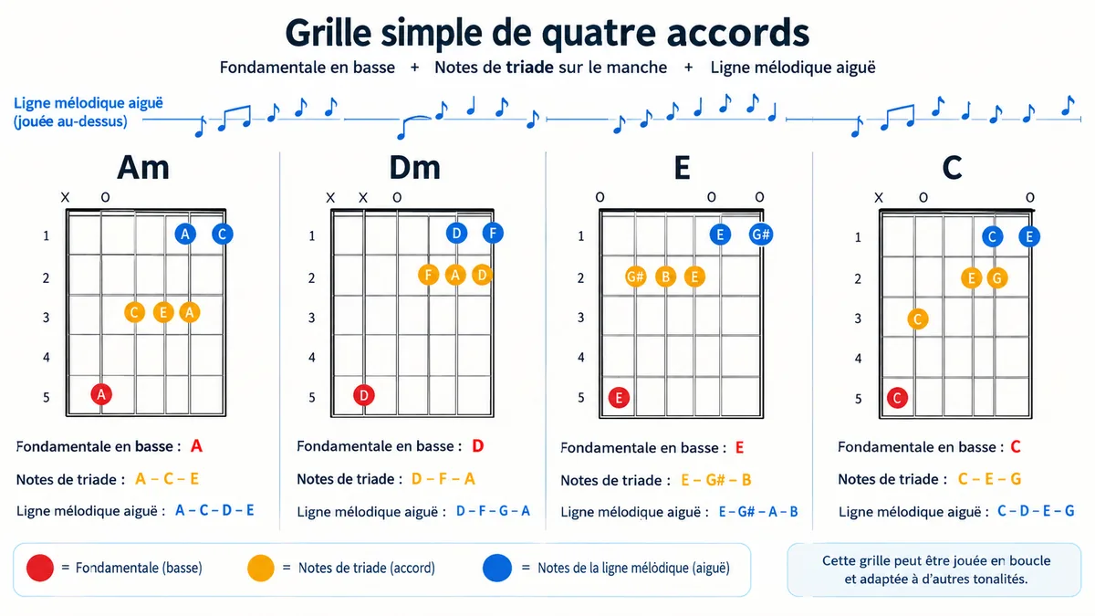 Triades et basse alternée sur une grille de guitare jazz