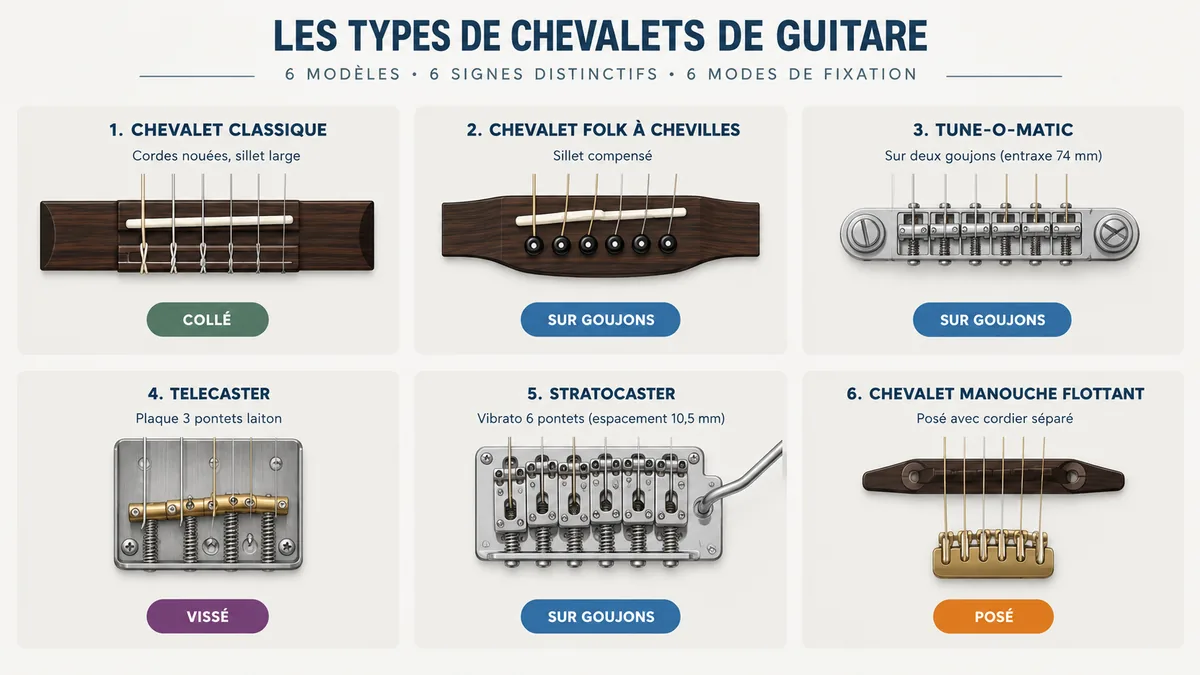 Comparatif visuel de six types de chevalets de guitare classique, folk, électrique et manouche