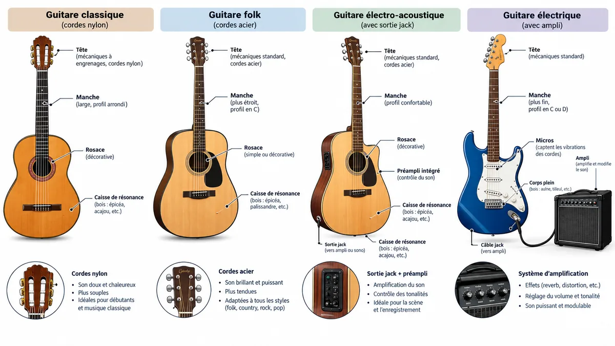 Schéma des quatre principales familles de guitares