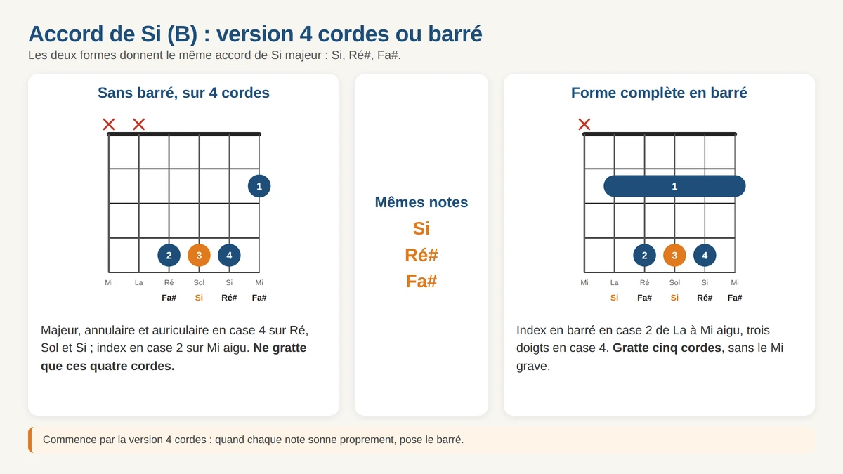 Si majeur sur 4 cordes sans barré à côté de la forme barrée, avec les notes Si, Ré# et Fa#